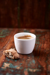 Cup of coffee on wooden background. Soft focus. Copy space	