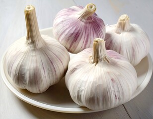 Obraz premium Four whole heads of garlic rest on a white plate, showcasing their delicate purple and white striped exterior.