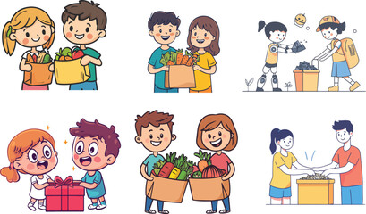 Fototapeta premium Cartoon illustration of happy children and adults in a fun group settingCartoon illustration of happy children and adults in a fun group setting