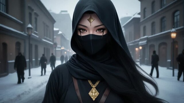 Woman in black hood and gold necklace standing in snowy street