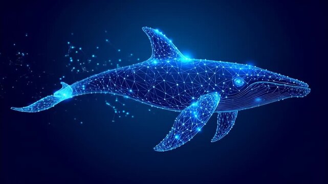 Blue low poly whale with abstract background.