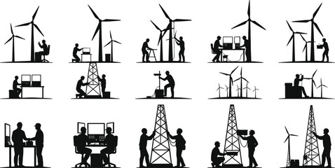 Vector illustration of wind turbine engineers and workers performing maintenance, renewable energy technology, clean power generation, sustainable electricity, and eco infrastructure.