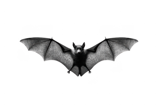 A detailed grayscale image of a bat with wings fully spread, showcasing the intricate wing veins and the bat's face staring forward.