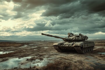 Military tank positioned in an open field under a cloudy sky near a city