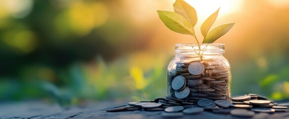 Glass Jar Filled with Coins and Sprout Against Sunlit Background