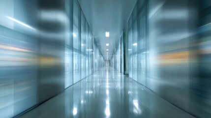 A blurred corridor showcasing modern design with sleek walls and polished floors, evoking a sense of motion and speed.