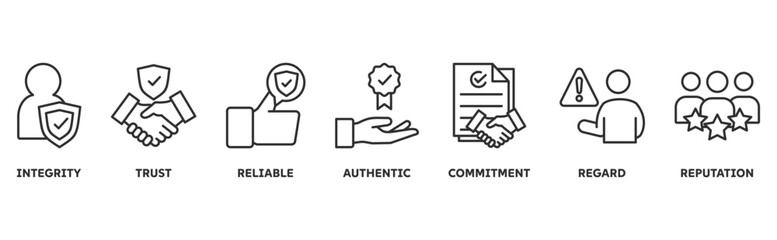 Credibility icon set illustration illustration concept with icon of integrity, trust, reliable, authentic, commitment, regard, reputation 