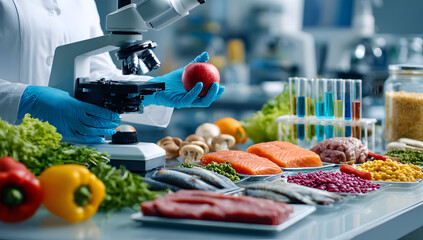 Scientist in lab coat examining fresh produce and protein sources under a microscope in a bright laboratory, ensuring food safety and quality with scientific precision.