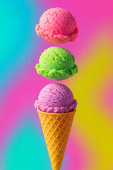 ice cream cone with scoops on rainbow background
