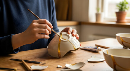 A person delicately paints gold details onto a repaired ceramic bowl.