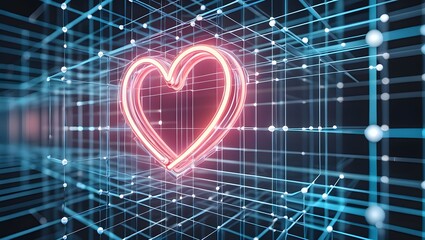 Glowing neon heart in a digital network grid
