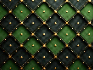 Dark emerald green background with luxurious gold polka dots in a diamond pattern, elegant geometric texture for festive greeting cards, brand packaging, and luxury invitation design.