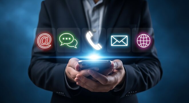 Business Person Holding Smartphone with Communication Icons Floating Above contact technology