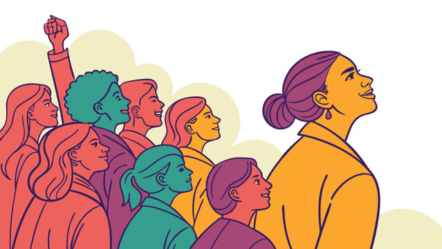 A diverse group of women looking up with hope and determination, symbolizing empowerment, unity, and a shared vision for the future