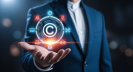 Businessman holding hand with glowing copyright and intellectual property icons image photo