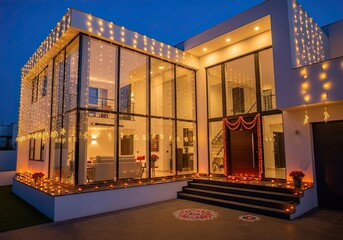 Photo of a modern house is decorated with lights and candles for the diwali festival, creating a warm and inviting atmosphere for celebration and joy