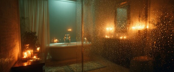 A dimly lit bathroom bathed in candlelight, fogged glass