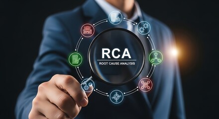 Businessman holding magnifying glass over RCA Root Cause Analysis diagram with icons image