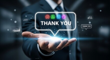 Businessman holds thank you message with social media and business icons gratitude appreciation