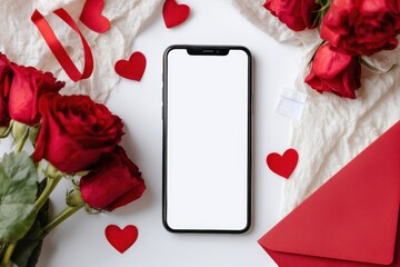Smartphone surrounded by red roses and hearts (1)