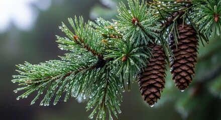Close Up View of Evergreen Tree Branch with Water Droplets and Pine Cones