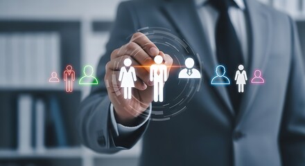 Businessman selecting a person icon from a digital lineup of figures suit choosing