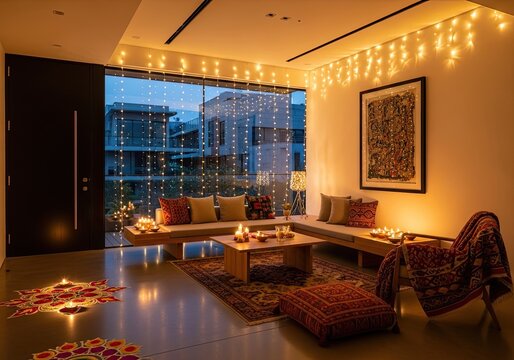 Photo of a cozy living room is decorated with string lights and candles for diwali celebration, creating a warm and festive atmosphere for family gatherings