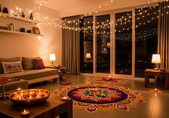 Photo of beautiful diwali celebration with rangoli art, candles, and string lights, creating a festive and colorful atmosphere in a modern living room setting