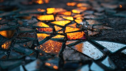 Broken glass mosaic, illuminated by fire