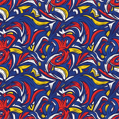 Dynamic abstract pattern featuring swirling shapes in red, yellow, and white, patern seamless, Stock royalty image.