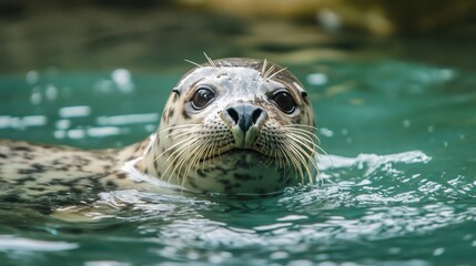 Fototapeta premium Close-Up of a Curious Seal Swimming in Clear Blue Water