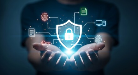 Digital Security Shield with Lock and Biometric Fingerprint Icons data protection