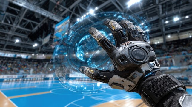 Futuristic Robot Hand Interacting With Hologram In Sports Arena