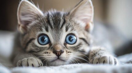 Cute Gray Tabby Kitten with Bright Blue Eyes on Soft Blanket