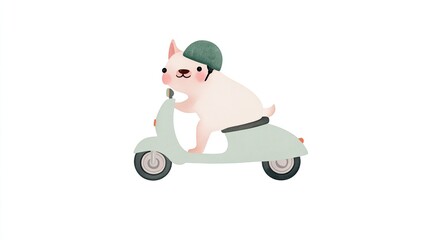 Cute Cartoon Dog Riding a Scooter with Helmet and Happy Expression