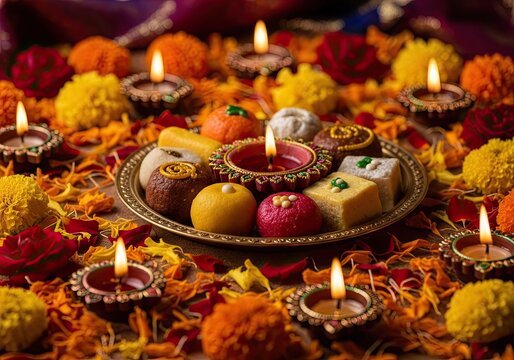 Photo of festive diwali sweets and diya oil lamps arranged on a decorative surface with flowers, creating a vibrant and traditional hindu celebration