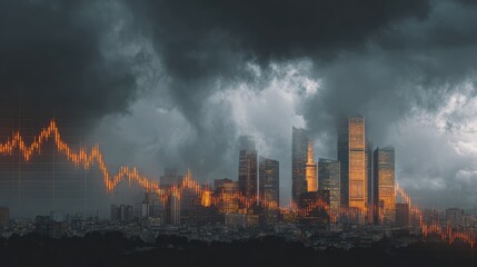 Obraz premium A dramatic skyline with dark clouds and fluctuating graphs, representing market trends and economic changes.