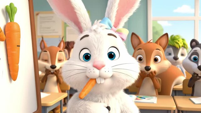 Animated rabbit character enthusiastically teaches young animals about fractions using carrots, engaging students in a lively classroom setting with bright colors and cheerful expressions