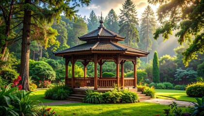 A serene wooden gazebo nestled amidst lush greenery bathed in morning light.