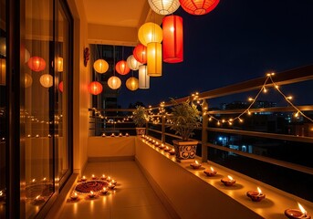 Photo of festive diwali balcony decoration with lanterns, lights, and diyas at night, creating a warm and inviting atmosphere for the hindu celebration
