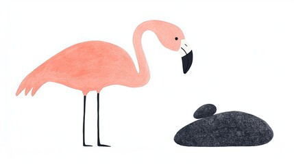 Pink Flamingo Next to a Decorative Stone in Minimalist Style