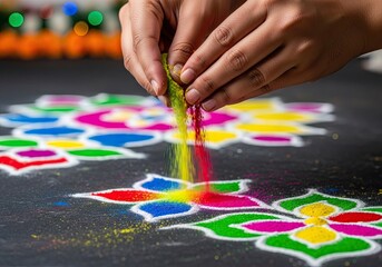 Photo of hands making a colorful rangoli design with fine powder for diwali festival celebration, creating intricate patterns on a dark surface with vibrant hues