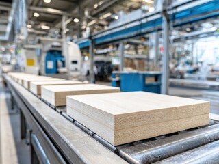 Wood panels are shown on a roller conveyor belt in a blurred factory environment, highlighting industrial manufacturing and materials handling.