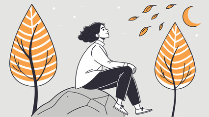 A woman sits on a rock under a night sky with a moon and stars, surrounded by autumn trees and falling leaves, in a moment of quiet contemplation