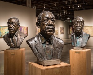 Naklejka premium Three Bronze Bust Sculptures in Museum Gallery