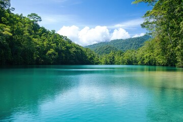 Serene Tropical Lake Surrounded by Lush Green Rainforest Landscape