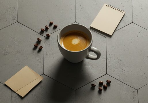 Overhead shot of coffee cup with beans and notepad on gray hexagonal tiled surface in soft lighting