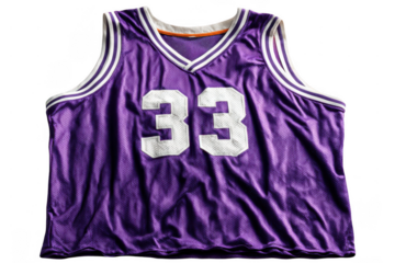 A purple basketball jersey featuring the number 33 in large white digits with black trim and striped armholes and neckline.