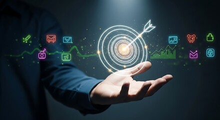 Hand Holding Target with Arrow and Digital Icons Representing Goals and Strategy dartboard