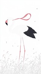 Elegant Flamingo with Ribbon Gracefully Standing Amid Soft Flora